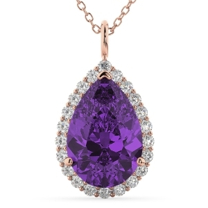 Halo Amethyst and Diamond Pear Shaped Pendant Necklace 14k Rose Gold 5.44ct - All