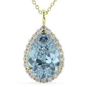 Halo Aquamarine and Diamond Pear Shaped Pendant Necklace 14k Yellow Gold 6.04ct - All
