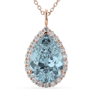 Halo Aquamarine and Diamond Pear Shaped Pendant Necklace 14k Rose Gold 6.04ct - All