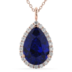 Halo Blue Sapphire and Diamond Pear Shaped Pendant Necklace 14k Rose Gold 8.34ct - All