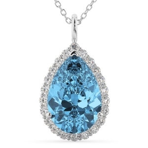 Halo Blue Topaz and Diamond Pear Shaped Pendant Necklace 14k White Gold 8.94ct - All