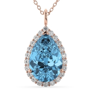 Halo Blue Topaz and Diamond Pear Shaped Pendant Necklace 14k Rose Gold 8.94ct - All