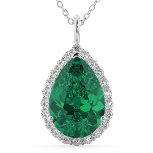 Halo Emerald and Diamond Pear Shaped Pendant Necklace 14k White Gold 6.54ct - All