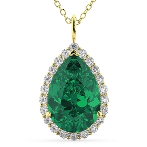 Halo Emerald and Diamond Pear Shaped Pendant Necklace 14k Yellow Gold 6.54ct - All