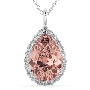 Halo Morganite and Diamond Pear Shaped Pendant Necklace 14k White Gold 4.04ct - All