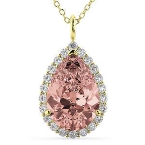 Halo Morganite and Diamond Pear Shaped Pendant Necklace 14k Yellow Gold 4.04ct - All