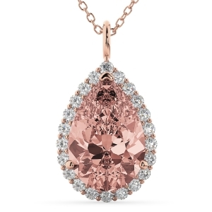 Halo Morganite and Diamond Pear Shaped Pendant Necklace 14k Rose Gold 4.04ct - All