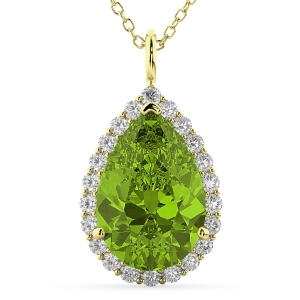 Halo Peridot and Diamond Pear Shaped Pendant Necklace 14k Yellow Gold 5.19ct - All