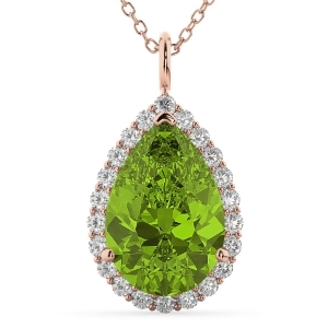 Halo Peridot and Diamond Pear Shaped Pendant Necklace 14k Rose Gold 5.19ct - All