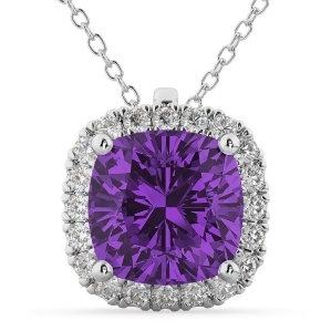 Halo Amethyst Cushion Cut Pendant Necklace 14k White Gold 2.02ct - All