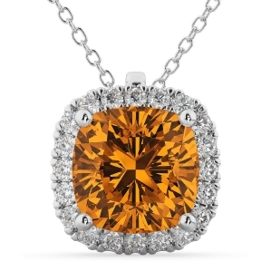 Halo Citrine Cushion Cut Pendant Necklace 14k White Gold 2.02ct - All