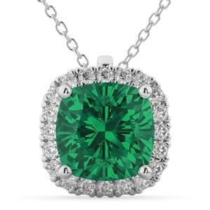 Halo Emerald Cushion Cut Pendant Necklace 14k White Gold 2.02ct - All