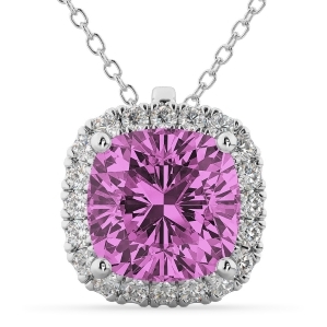 Halo Pink Sapphire Cushion Cut Pendant Necklace 14k White Gold 2.02ct - All