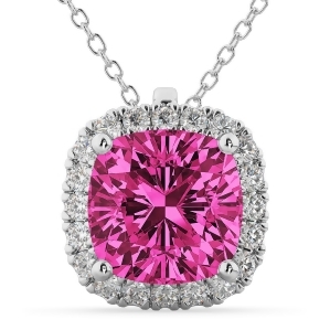 Halo Pink Tourmaline Cushion Cut Pendant Necklace 14k White Gold 2.02ct - All