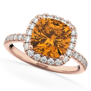 Cushion Cut Halo Citrine and Diamond Engagement Ring 14k Rose Gold 3.11ct - All