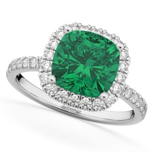 Cushion Cut Halo Emerald and Diamond Engagement Ring 14k White Gold 3.11ct - All