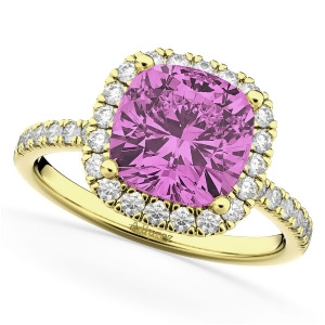 Cushion Cut Halo Pink Sapphire and Diamond Engagement Ring 14k Yellow Gold 3.11ct - All