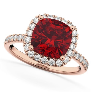 Cushion Cut Halo Ruby and Diamond Engagement Ring 14k Rose Gold 3.11ct - All