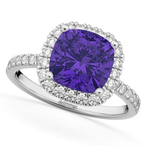 Cushion Cut Halo Tanzanite and Diamond Engagement Ring 14k White Gold 3.11ct - All