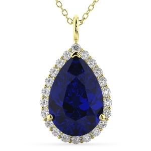 Halo Blue Sapphire and Diamond Pear Shaped Pendant Necklace 14k Yellow Gold 8.34ct - All