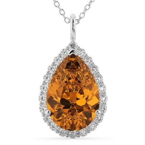 Halo Citrine and Diamond Pear Shaped Pendant Necklace 14k White Gold 5.44ct - All