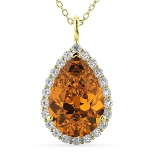Halo Citrine and Diamond Pear Shaped Pendant Necklace 14k Yellow Gold 5.44ct - All