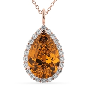 Halo Citrine and Diamond Pear Shaped Pendant Necklace 14k Rose Gold 5.44ct - All