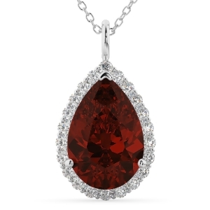 Halo Garnet and Diamond Pear Shaped Pendant Necklace 14k White Gold 6.24ct - All