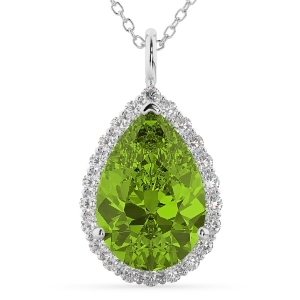 Halo Peridot and Diamond Pear Shaped Pendant Necklace 14k White Gold 5.19ct - All