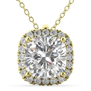 Halo Moissanite Cushion Cut Pendant Necklace 14k Yellow Gold 1.76ct - All
