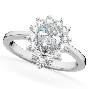 Halo Moissanite and Diamond Floral Pear Shaped Fashion Ring 14k White Gold 1.11ct - All