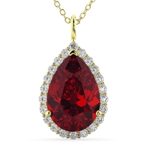 Halo Ruby and Diamond Pear Shaped Pendant Necklace 14k Yellow Gold 8.34ct - All