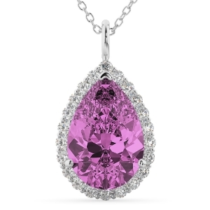 Halo Pink Sapphire and Diamond Pear Shaped Pendant Necklace 14k White Gold 8.34ct - All