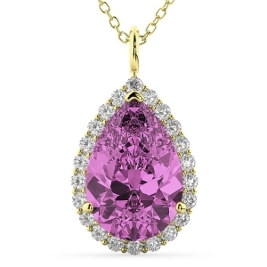 Halo Pink Sapphire and Diamond Pear Shaped Pendant Necklace 14k Yellow Gold 8.34ct - All
