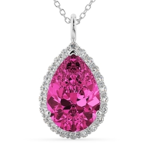 Halo Pink Tourmaline and Diamond Pear Shaped Pendant Necklace 14k White Gold 7.19ct - All