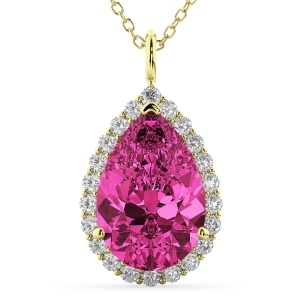 Halo Pink Tourmaline and Diamond Pear Shaped Pendant Necklace 14k Yellow Gold 7.19ct - All