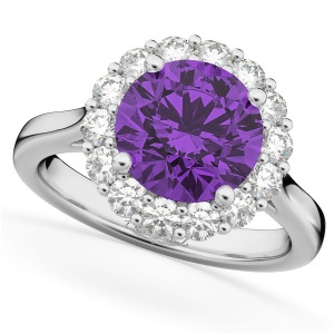 Halo Round Amethyst and Diamond Engagement Ring 14K White Gold 3.26ct - All