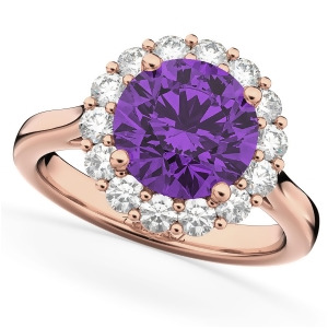 Halo Round Amethyst and Diamond Engagement Ring 14K Rose Gold 3.26ct - All