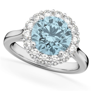 Halo Round Aquamarine and Diamond Engagement Ring 14K White Gold 3.70ct - All