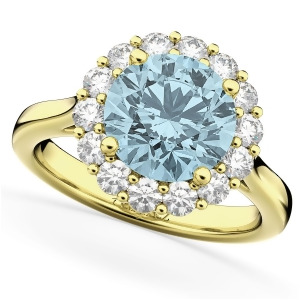 Halo Round Aquamarine and Diamond Engagement Ring 14K Yellow Gold 3.70ct - All