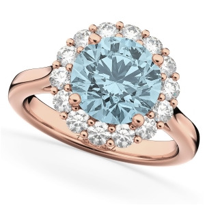Halo Round Aquamarine and Diamond Engagement Ring 14K Rose Gold 3.70ct - All