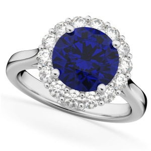 Halo Round Blue Sapphire and Diamond Engagement Ring 14K White Gold 4.45ct - All