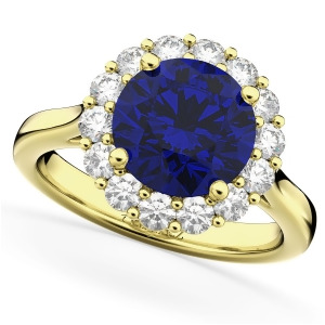 Halo Round Blue Sapphire and Diamond Engagement Ring 14K Yellow Gold 4.45ct - All