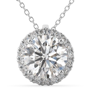 Halo Round Moissanite and Diamond Pendant Necklace 14k White Gold 1.89ct - All