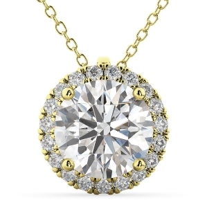Halo Round Moissanite and Diamond Pendant Necklace 14k Yellow Gold 1.89ct - All