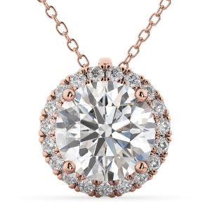 Halo Round Moissanite and Diamond Pendant Necklace 14k Rose Gold 1.89ct - All