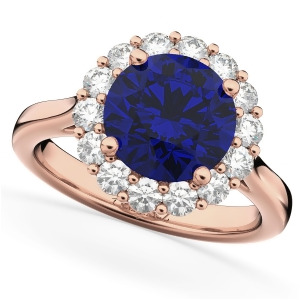 Halo Round Blue Sapphire and Diamond Engagement Ring 14K Rose Gold 4.45ct - All
