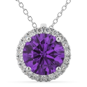 Halo Round Amethyst and Diamond Pendant Necklace 14k White Gold 2.09ct - All