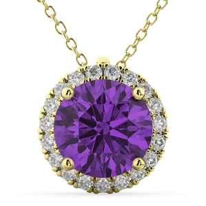 Halo Round Amethyst and Diamond Pendant Necklace 14k Yellow Gold 2.09ct - All