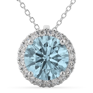 Halo Round Aquamarine and Diamond Pendant Necklace 14k White Gold 2.69ct - All